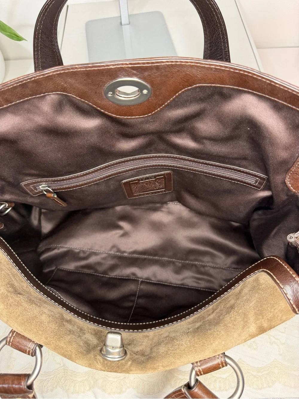 Vintage Coach Rare Suede Patchwork Leather Satchel Y2K Shoulder Bag Brown